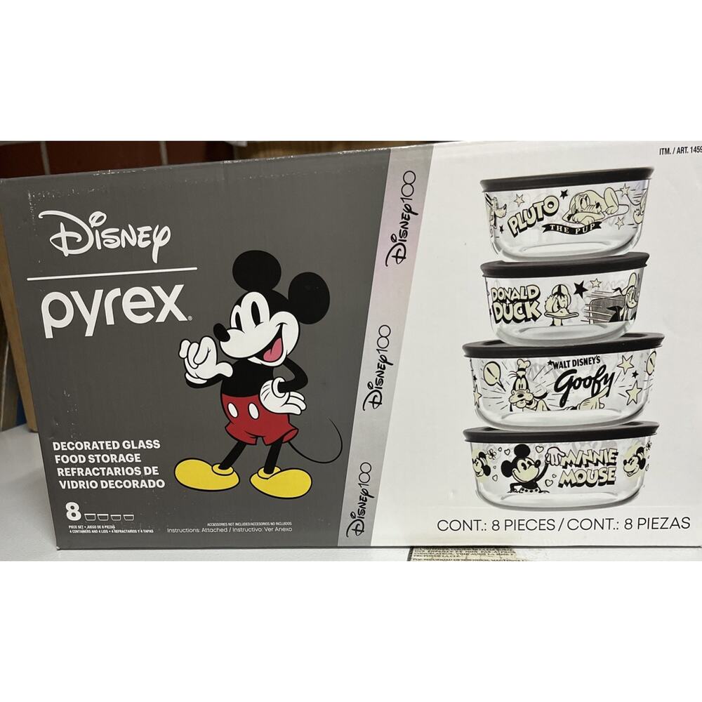 Disney 100 Year Anniversary 8 Pieces Pyrex Glass Food Storage 4 Bowls And 4 Lids